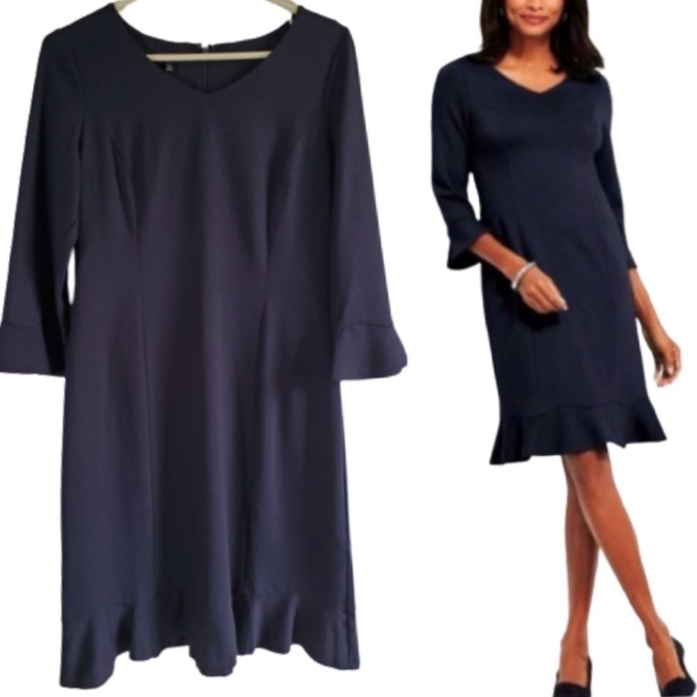 TALBOTS Refined Ponte Flounce Midi Fluted Sleeves
& Hem Dress